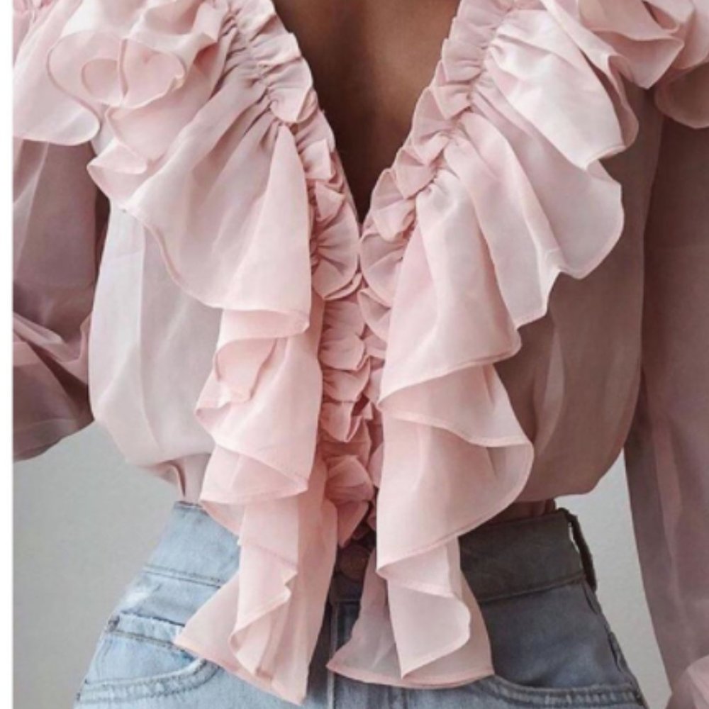 *One Left* Pink Ruffle V-Neck Blouse🌸 - Picture 2 of 2